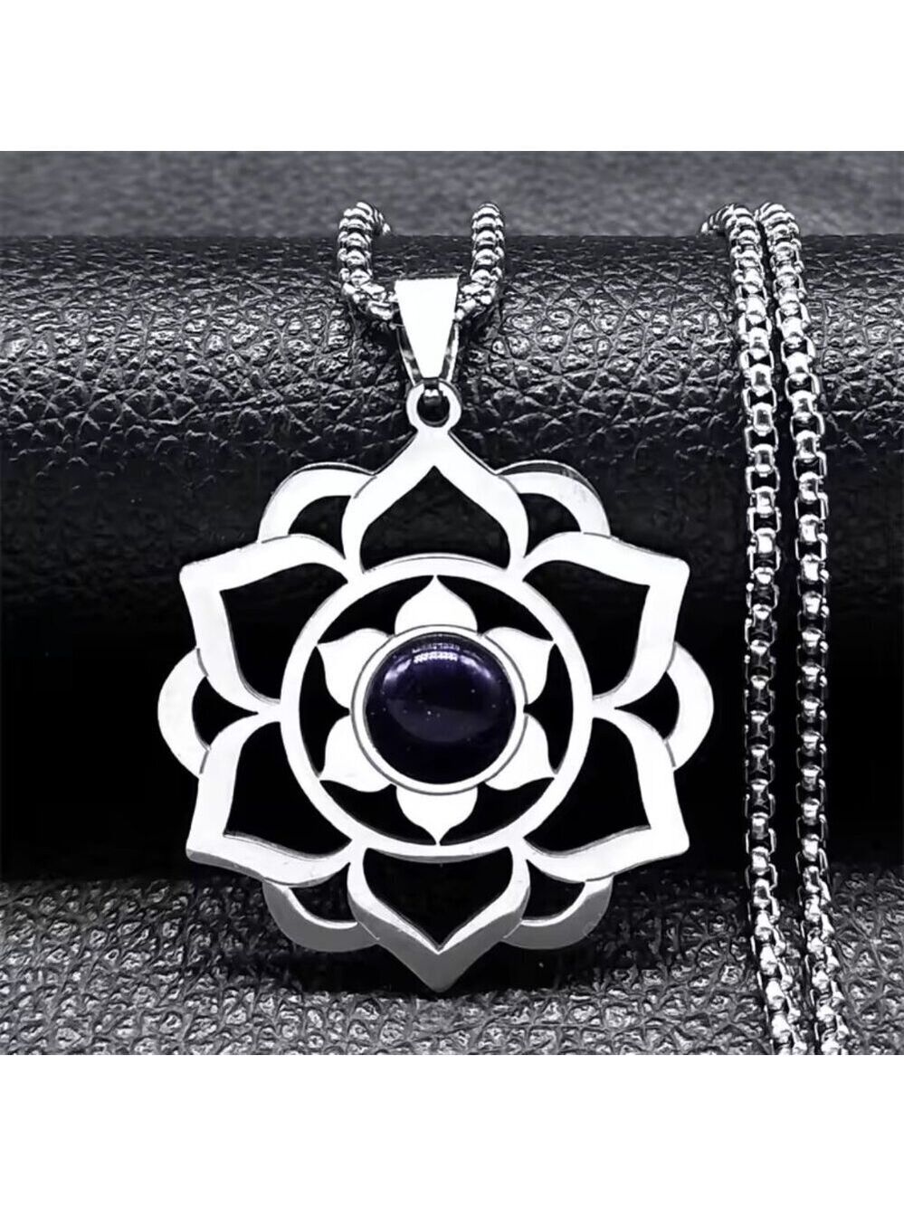 Spiritual Lotus Pendant Necklace with Moonstone - Stainless Steel 20" #1533